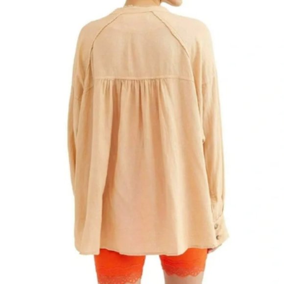 FREE People Linen Blend Soft Beige Pink Top Hi Low Button - Picture 3 of 11